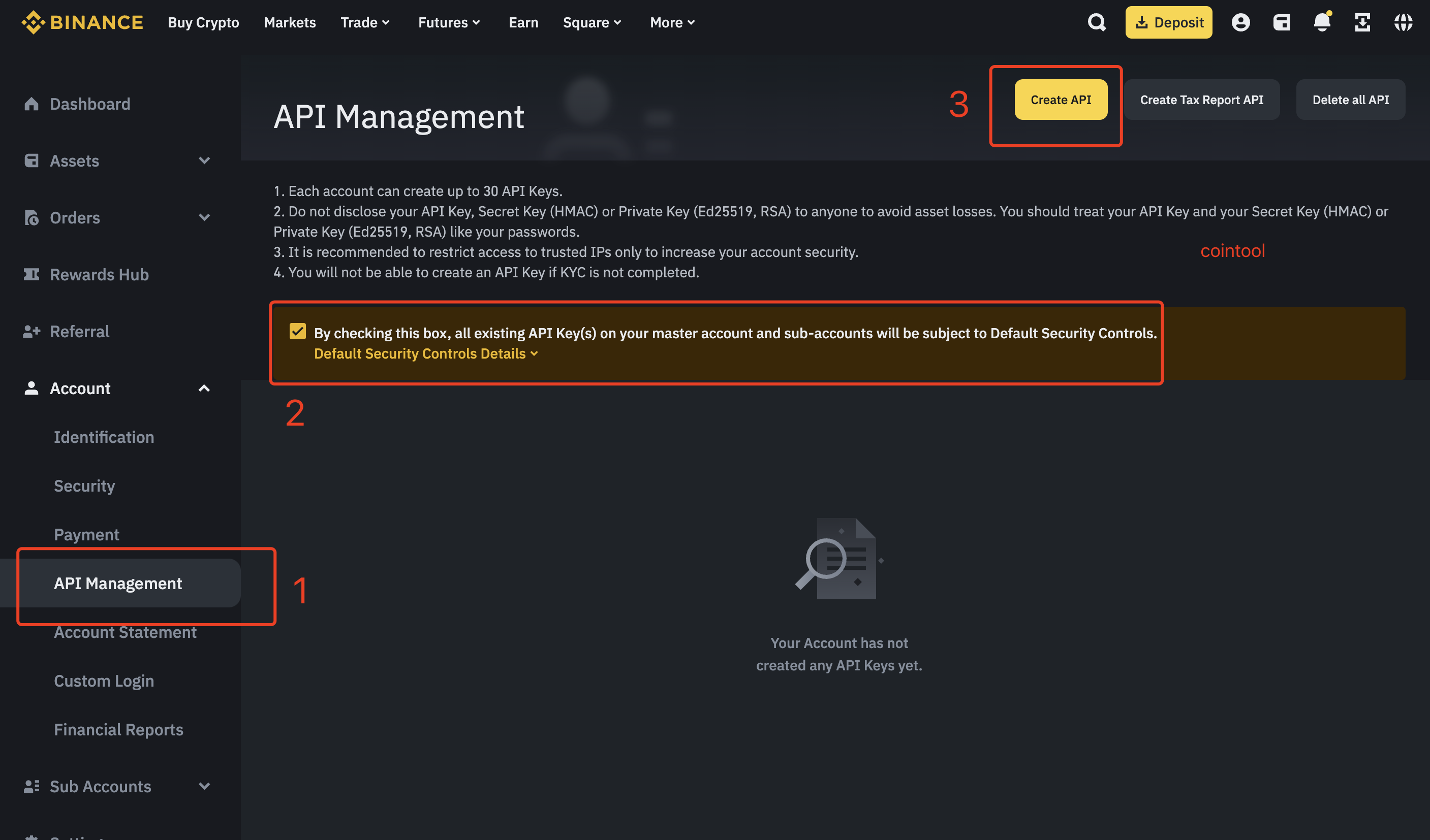 Binance API Management Page